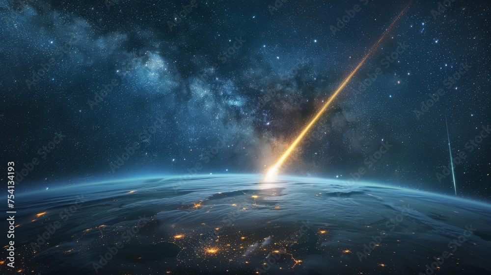 A brilliant comet streaking across a star-filled night sky, its tail illuminating the Earth below A brilliant comet streaking across a star-filled night sky, its tail illuminating the Earth below