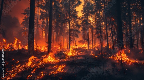 Wildfire raging in a forest, a consequence of rising temperatures