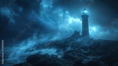 A spooky, old lighthouse casting strange, moving shadows on the rocky coast below