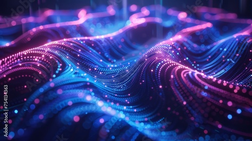 Abstract digital connectivity through swirling neon circuit patterns in blue and purple