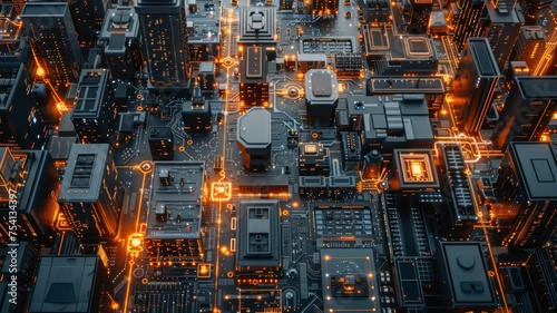 An aerial view of a smart city empowered by decentralized manufacturing and cutting-edge infrastructure