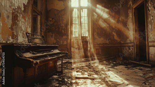 Haunting melodies emanating from an old piano in a deserted mansion