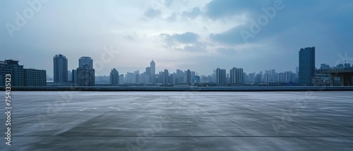 Modern City Skyline and Empty Concrete Floor