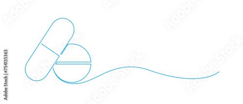 Pill icon, vitamin and capsule continuous line art vector.  Isolated white background eps 10