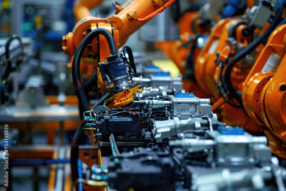 Fototapeta premium Automated Assembly: Closeup of Auto Robot Machine Used for Electrics and Air Pressure in Automotive Part Assembly