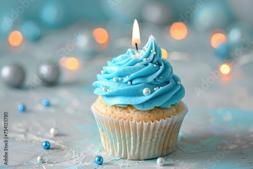 Baked With Love! Delicious Blue Birthday Cupcake With Candle On Light Background - Celebrate In Style