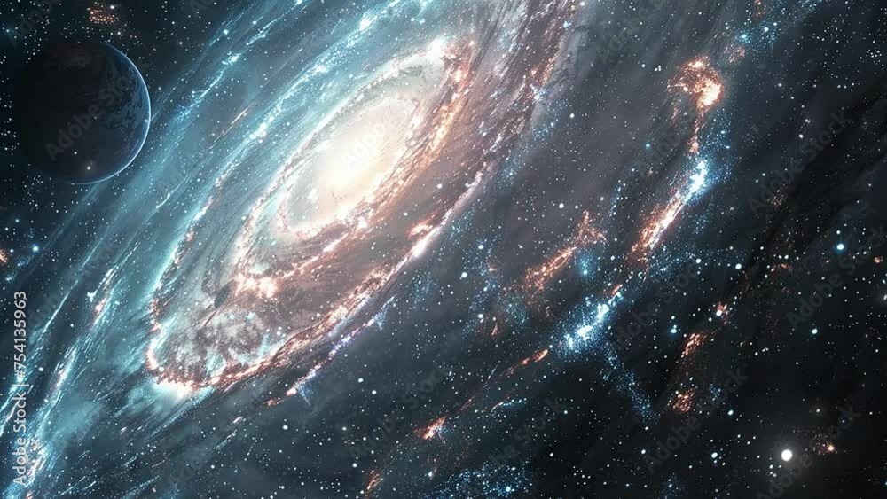 view from space to a spiral galaxy and stars. space background illustration.  seamless looping overlay 4k virtual video animation background