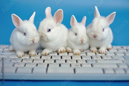 Beautiful Baby Bunnies on Computer Keyboard - Adorable Albino Rabbits with Blue Background, Ideal for Technology Greeting Cards and Holidays