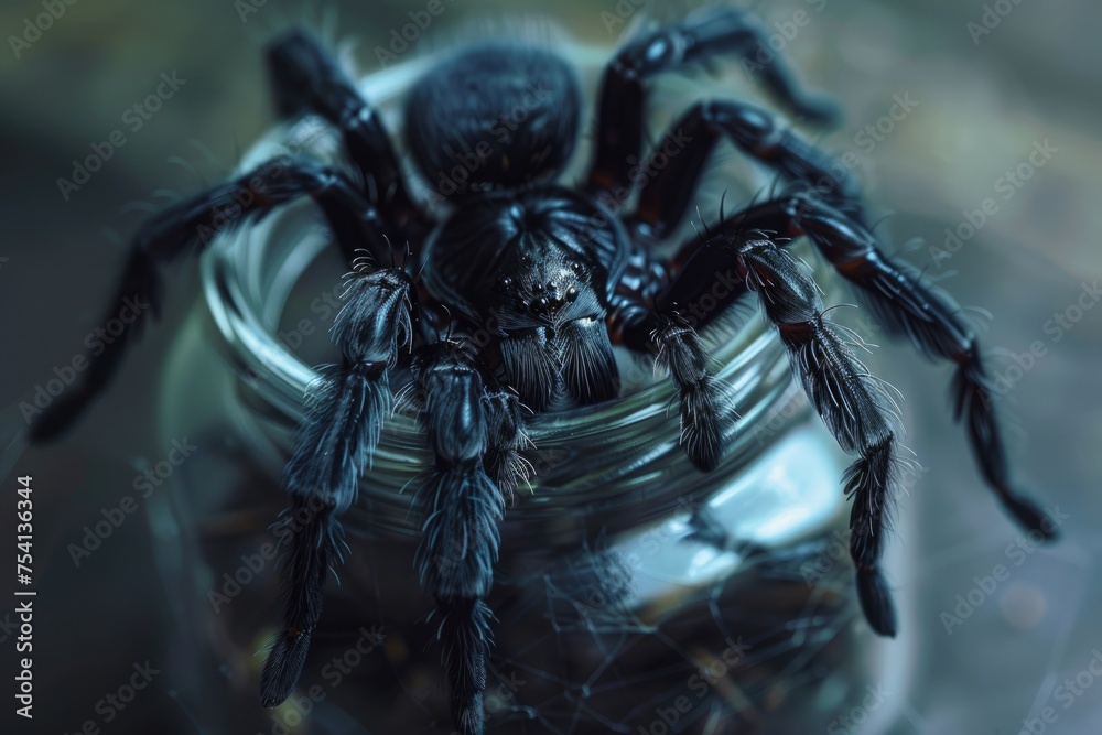 Black Spider in Nature's Jar. Captured Macro Shot of Arachnid in Clear Glass Jar