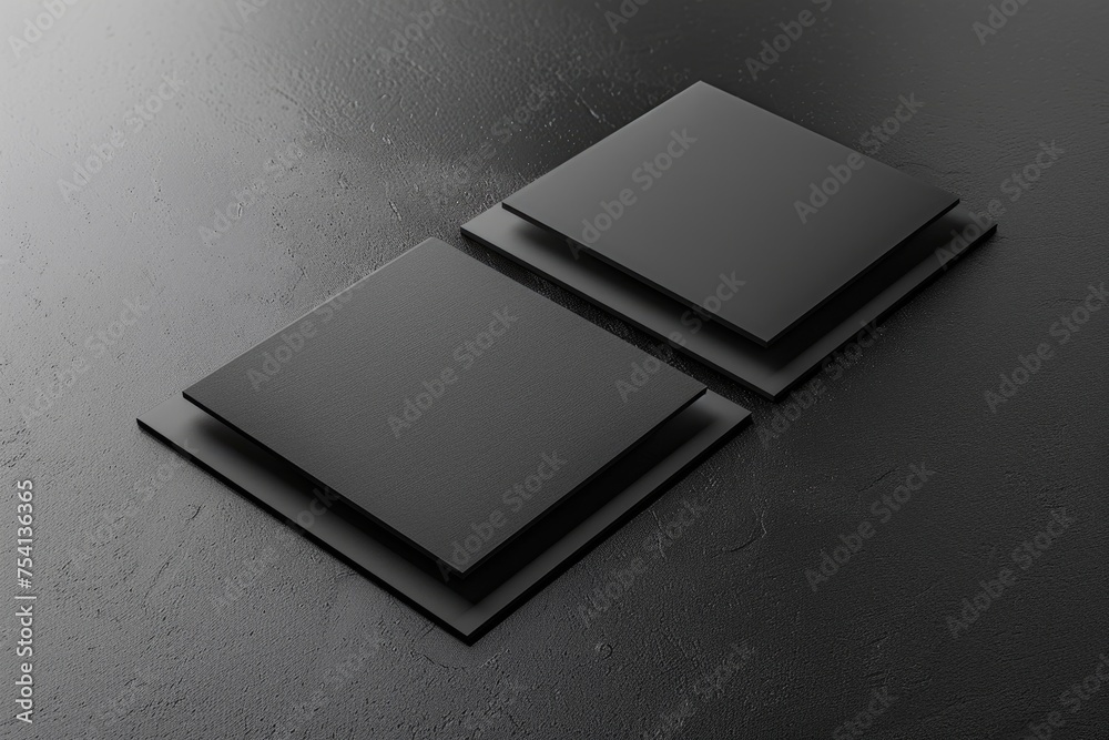 Blank Square Business Card Design Template on Black Paper Background - 3D Render Mock-up with Perspective View Blank Square Business Card Design Template on Black Paper Background - 3D Render Mock-up with Perspective View