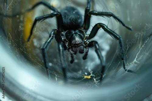 Black Spider in Glass Jar: Macro View of Arachnid with Dark Features Trapped in Container © Serhii