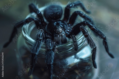 Black Spider in Nature s Jar. Captured Macro Shot of Arachnid in Clear Glass Jar