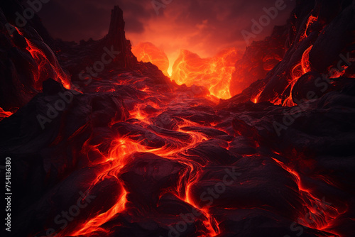 Flowing lava flow with glowing fire Fiery Steps Lead To A 3d Scene Of Lava Flowing Over Stones
