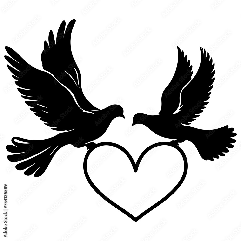 Obraz premium Birds fly to make a heart shape of love. hand drawing birth silhouette black outline art isolated on white background, vector illustration