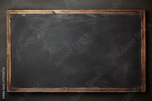  blank blackboard on a wall, An old used black board on a grungy dim classroom photo