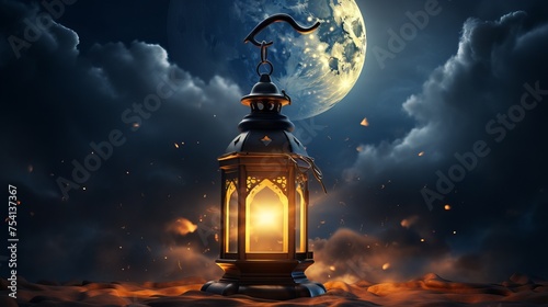 Vibrant ramadan background: illuminated kareem lantern against crescent moon sky, capturing the spirit of celebration and faith

