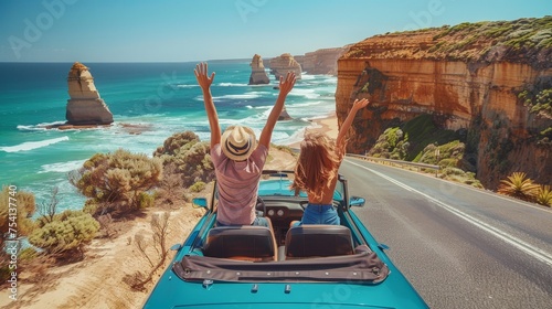 Couple on vacation, Love in the Breeze: Great Ocean Road Roofless Car Trip 