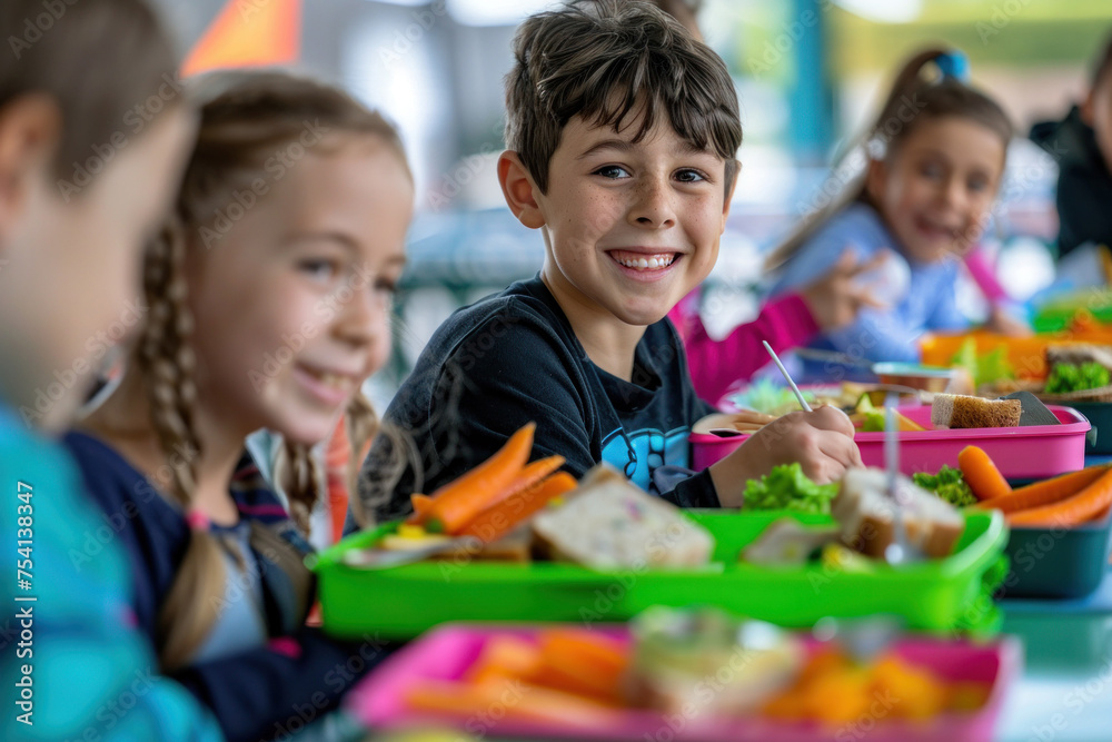 Group of children laughing and chatting over lunch in bright school cafeteria, enjoying various healthy meals. Group of children laughing and chatting over lunch in bright school cafeteria, enjoying various healthy meals.