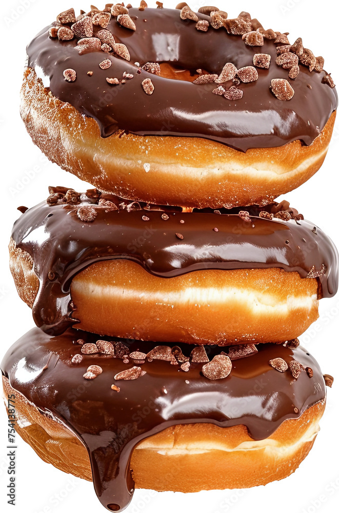 Stack tower of donut chocolate doughnut melted liquid topping frosting isolated cutout on transparent background. Mockup advertisement. product presentation.