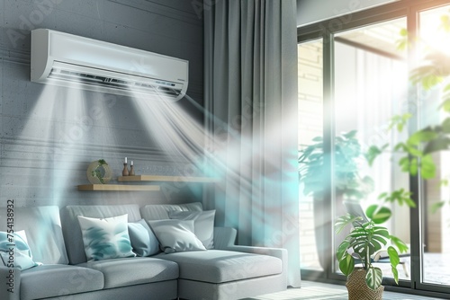 Modern living room interior with air conditioning unit and airflow visualization, demonstrating cool climate and energy efficiency in smart home setting. Comfortable home environme