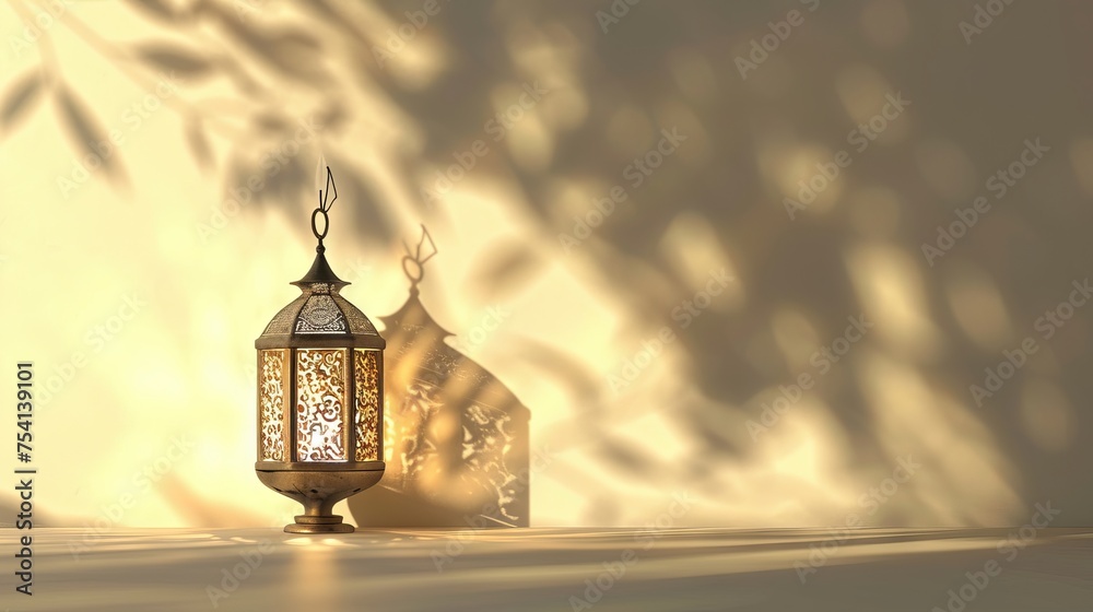 Radiant ramadan: illuminated muslim lamp gleaming against a light background, celebrating the spirit of ramadan kareem
