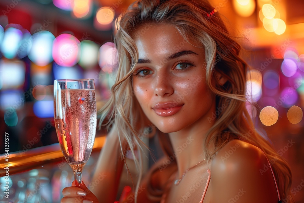 Young Woman Sipping Bubbly in the Casino Young Woman Sipping Bubbly in the Casino