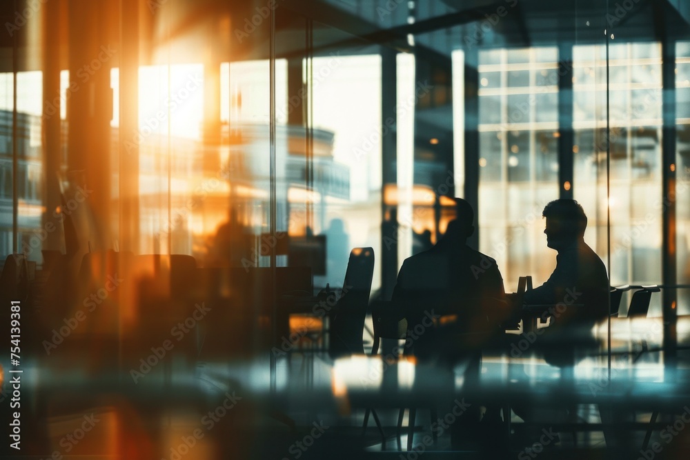 Corporate Discussion. Silhouettes of people in a glass-walled office space discussing, with a bustling workplace environment in the background. Corporate Discussion. Silhouettes of people in a glass-walled office space discussing, with a bustling workplace environment in the background.