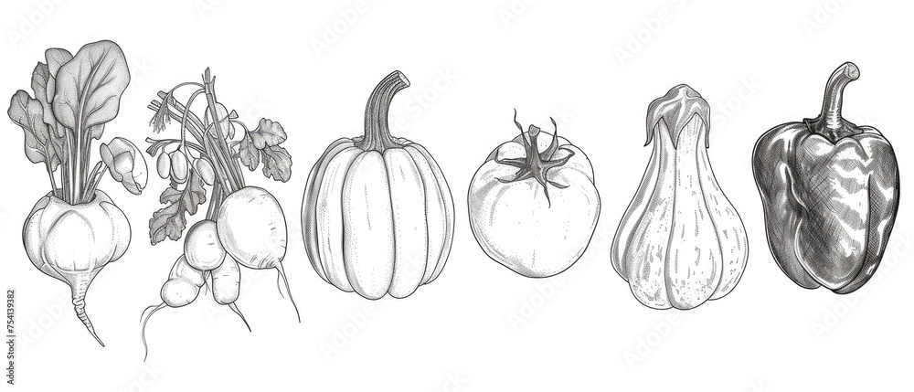 Hand-Sketched Vegetable Collection in Monochrome - obrazy, fototapety, plakaty 