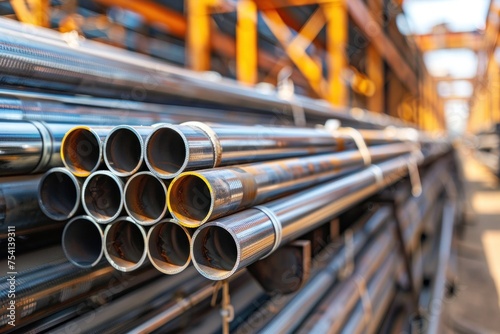 Steel pipe warehouse - Efficient operations and scale within steel industry showcased through organized, high-quality aluminum and steel pipes. © Postproduction