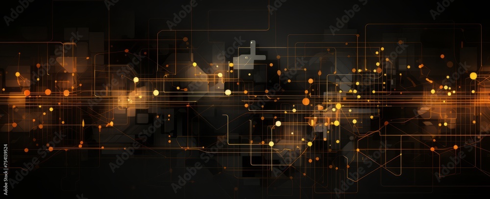 Fototapeta premium A dark background with glowing yellow and orange circuit lines connecting to various parts of the scene, representing data flow through an artificial intelligence network. The image is centered on one