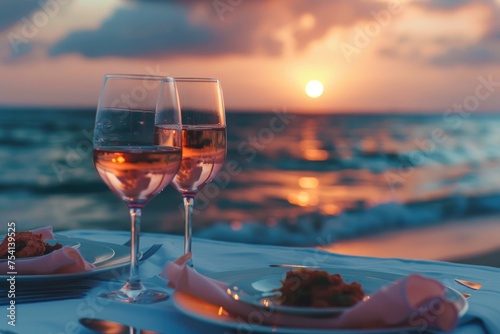Sunset beach dinner for two with luxurious cuisine and rose wine, perfect for romantic celebrations.