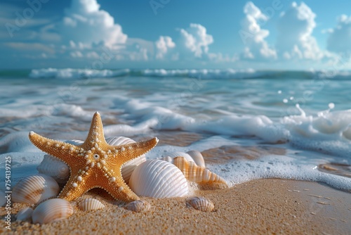 Starfish  Shells  and Waves Caressing the Sandy Shoreline