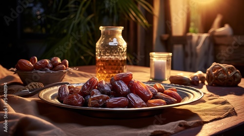 Organic dates palm fruit: iftar & suhoor meal dining table spread, ramadan kareem & eid al fitr concept, halal ramadan healthy food, fasting holy month tradition, selective focus