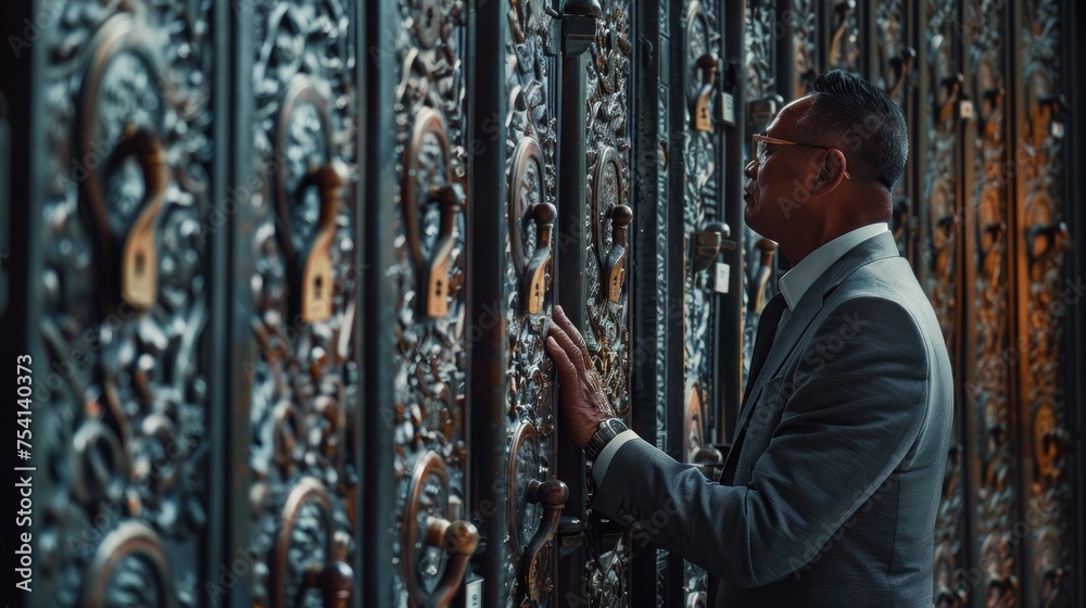 Businessman facing challenges - Perplexed man in suit contemplating locked doors, symbolizing obstacles in business world. - obrazy, fototapety, plakaty 