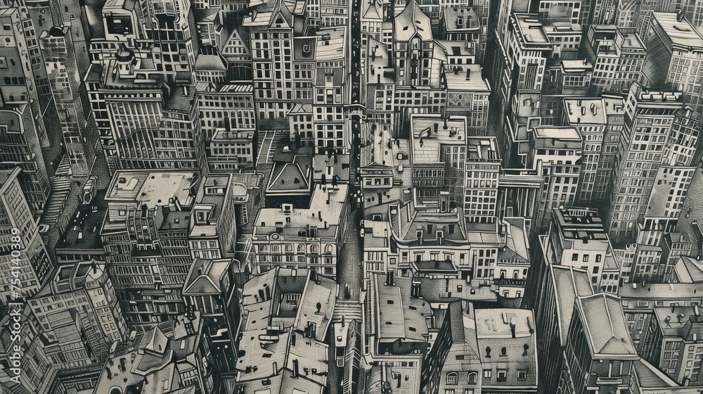 Monochromatic ink drawing illustrating the intricate network of streets and buildings, symbolizing the systematic growth of a modern city.