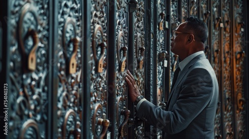 Businessman facing challenges - Perplexed man in suit contemplating locked doors, symbolizing obstacles in business world.