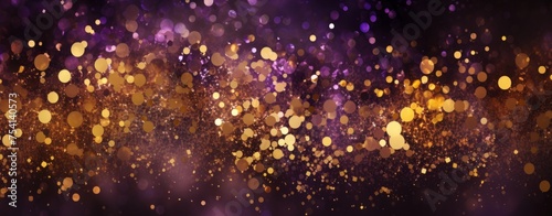 Abstract background with bokeh lights and glitter, in the style of purple and gold colors. Abstract light effects on a dark blurred background. A New Year concept. 8k, a real photo, high resolution, u
