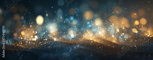 Abstract background with bokeh lights and glitter, in the style of blue and gold colors. Abstract light effects on a dark blurred background. A New Year concept. 8k, a real photo, high resolution, ult