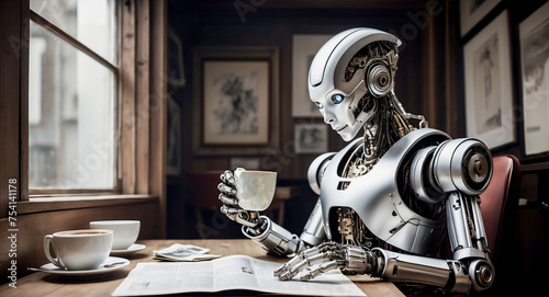 Futuristic humanoid robot reading newspaper in cafe with coffee cup. Artificial intelligence, machine learning and robotics concept