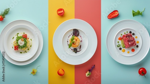 A set of dishes in plates. Photo banner for a food site.