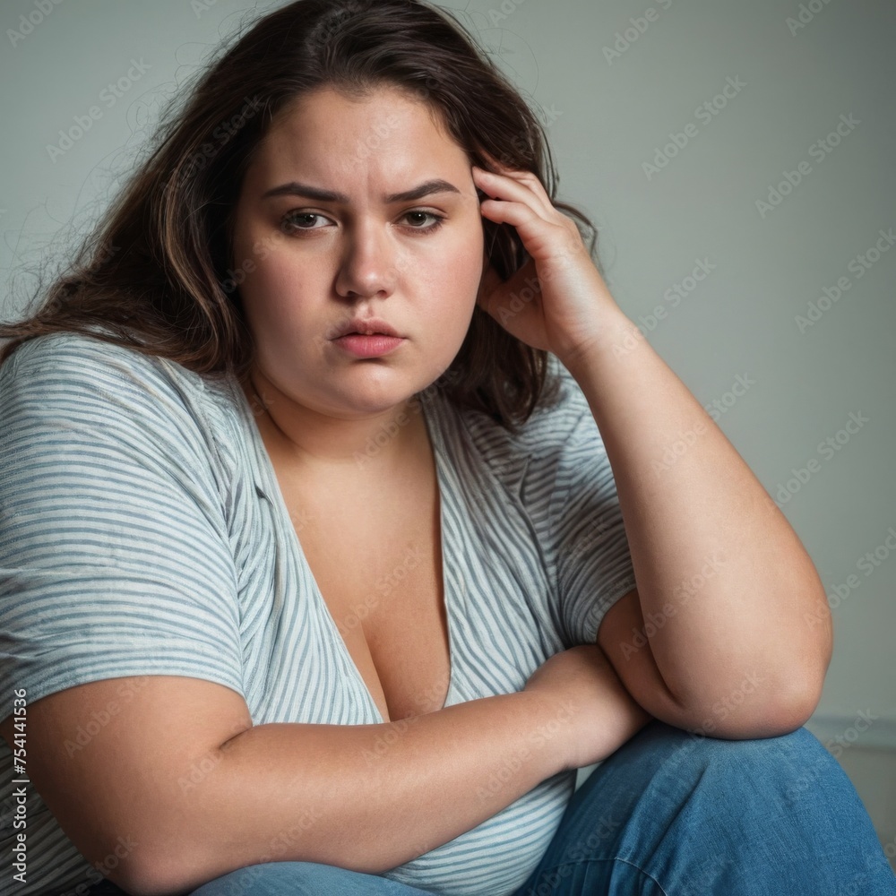An young oversize plump chubby woman with long brown hair. She is upset and sad An young oversize plump chubby woman with long brown hair. She is upset and sad