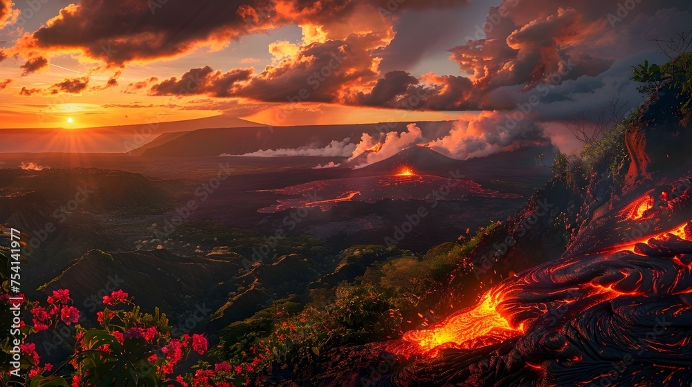 Lava Flowing Down Volcanic Mountain at Sunset in Hawaii, To showcase the raw power and beauty of nature through the contrast of red hot lava against