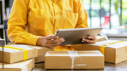 Online store seller's hands with tablet PC. A behind-the-scenes look at an eBay seller's world: hands skillfully operating a tablet to manage inventory and process shipments.