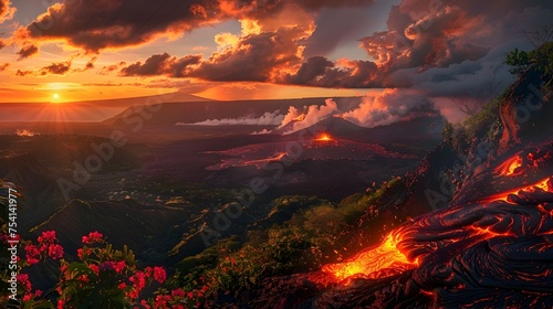 Lava Flowing Down Volcanic Mountain at Sunset in Hawaii, To showcase the raw power and beauty of nature through the contrast of red hot lava against
