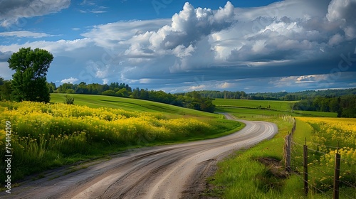Winding Country Road through Goldenrod Fields and Dramatic Skies, To showcase the beauty of the countryside and inspire feelings of peace and