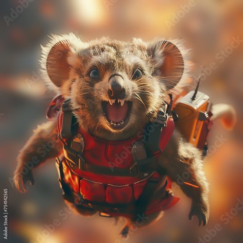 Laughing animals equipped with jetpacks darting across a cheerfully bright background photo