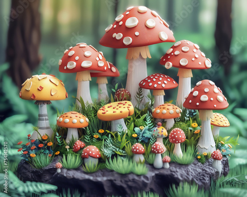 Mushrooms in a whimsical 3D isometric forest