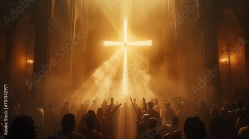 Christianity depicted with fervent worshipers lifting their hands in reverence
