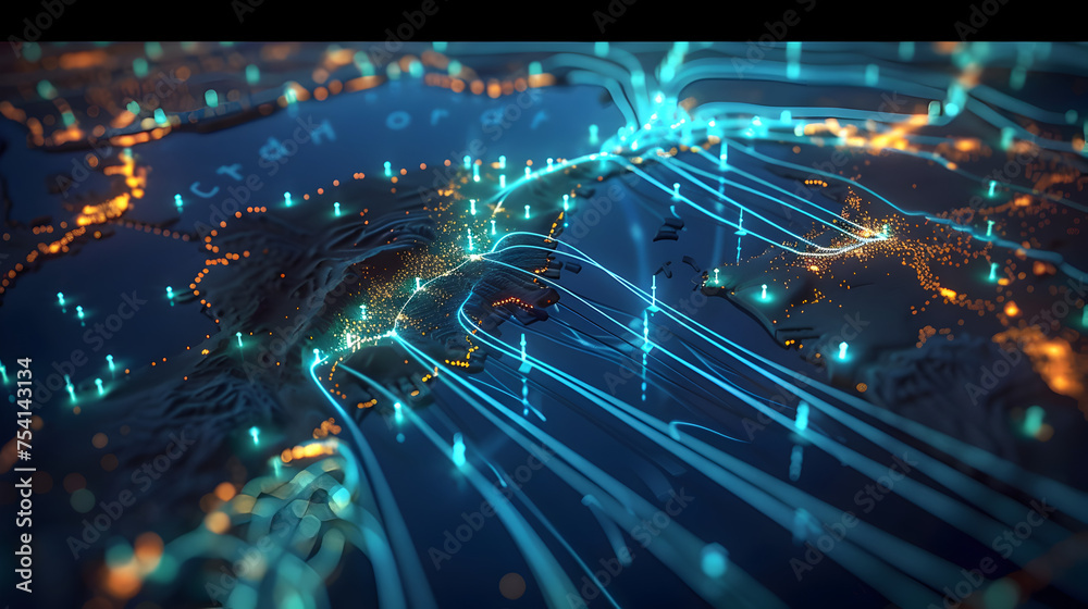 Create an image representing the expansion of broadband infrastructure across the Middle East, with data cables and satellite connections. Create an image representing the expansion of broadband infrastructure across the Middle East, with data cables and satellite connections.