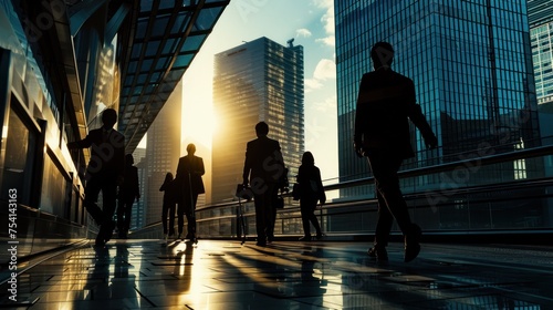 Corporate team walking through modern city environment with high-rise buildings gleaming in sunlight, reflecting dynamic nature of urban business life. Professionalism and corporat
